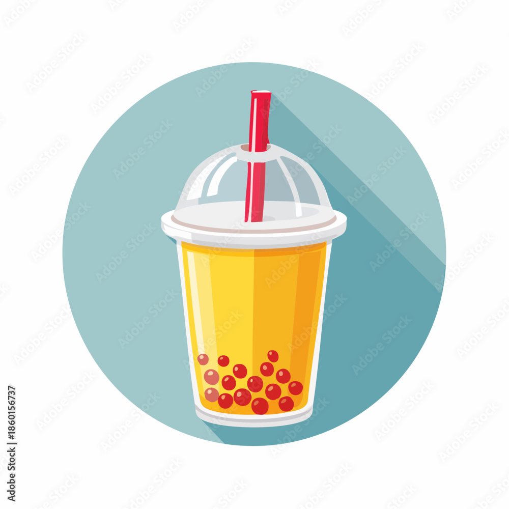custom made wallpaper toronto digitalIllustration of a yellow bubble tea drink with red tapioca pearls and a red straw on a blue background.