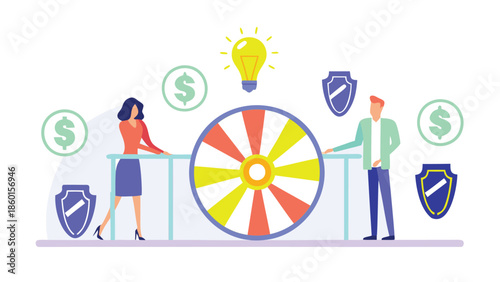 Businessman and businesswoman with wheel of fortune and financial symbols