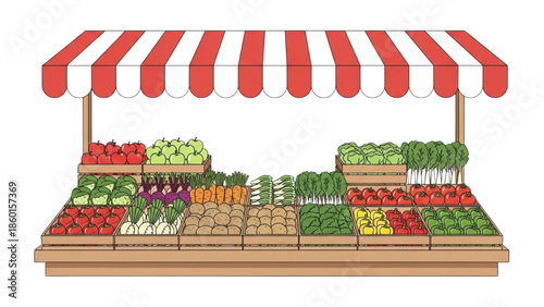 Fresh produce market stall illustration with colorful organic fruits and vegetables under a striped canopy