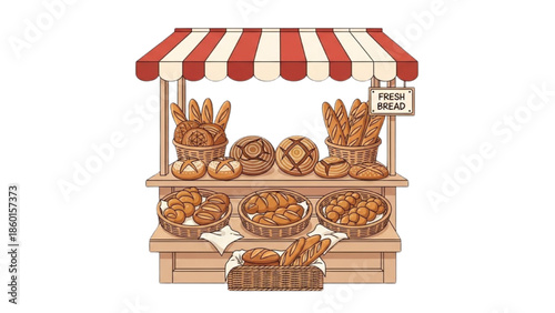 Bread Bakery Stall Illustration with Fresh Loaves and Pastries Displayed Under Striped Awning