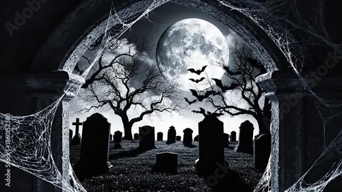 Spooky Halloween Graveyard Scene with Full Moon and Spiderwebs.