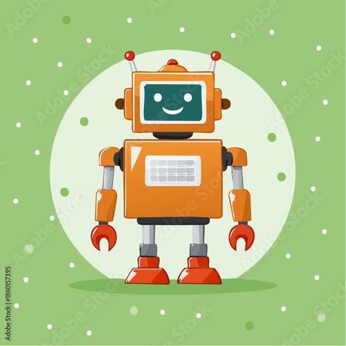 Orange robot with a square head and a smiling face on its screen.