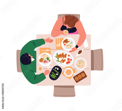 Family couple at dinner, sitting and talking at dining table. Young man and woman overhead, top view, eating homemade food, having meal, chatting. Flat vector illustration isolated on white background