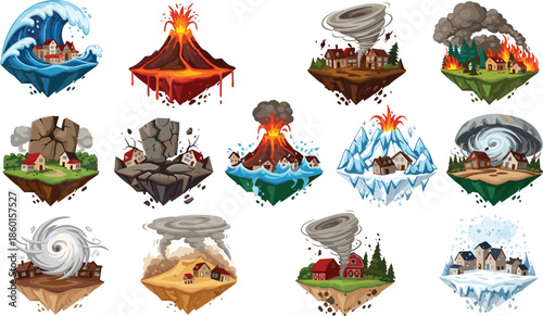 Collection of Natural Disaster Icons Featuring Volcanic Eruptions Tornadoes Tsunamis Earthquakes and Forest Fires for Emergency Management and Environmental Safety Education