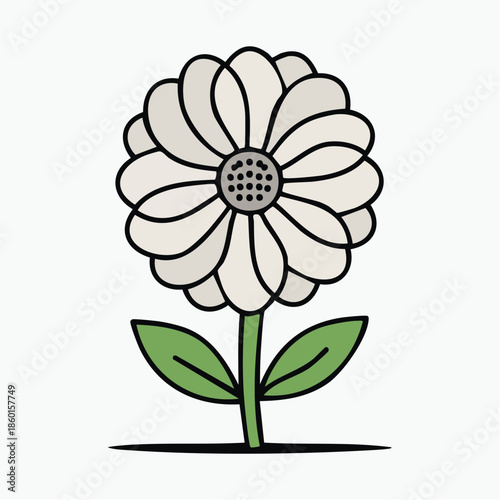 Illustration of a white daisy with green leaves and a black outline on a white background.