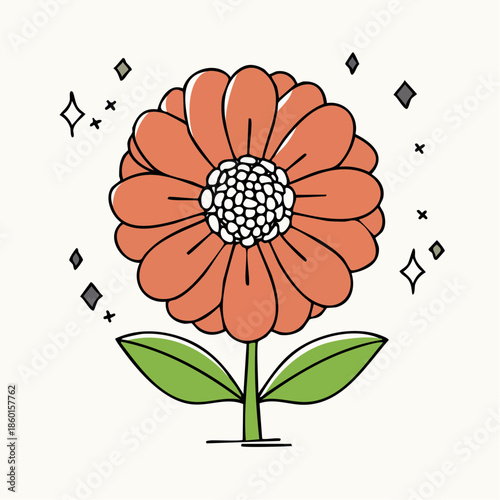 Illustration of a vibrant orange flower with green leaves and sparkling accents on a white background.