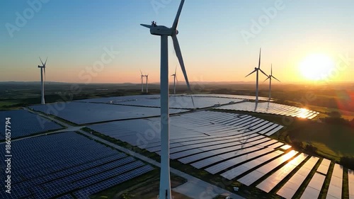 Wind Turbines and Solar Panels Generating Clean Energy at Sunset.