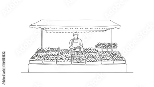 Vendor selling fresh produce at a market stall, hand-drawn illustration