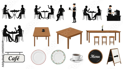 Silhouettes of people dining and cafe elements in vector illustration