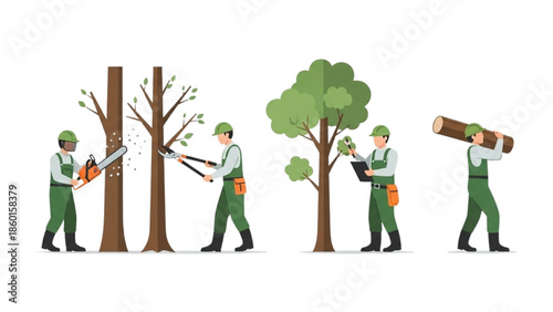 Tree care professionals performing various gardening and landscaping tasks
