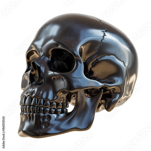 Dark shiny human skull with cracked surface and reflective metal appearance against a white background