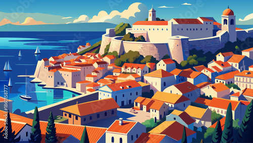 Very beautiful aerial view of Dubrovnik old town in Croatia, highlighting historic stone walls, red rooftops, and the deep blue Adriatic Sea from above.