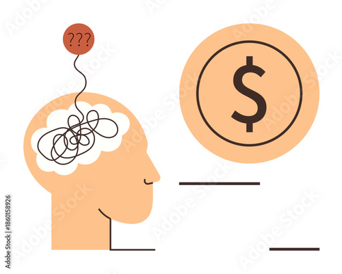 Tangled thoughts in a human head connected to a question mark balloon and a visible dollar sign. Ideal for finance, decision-making, psychology, confusion, money management, problem-solving, simple