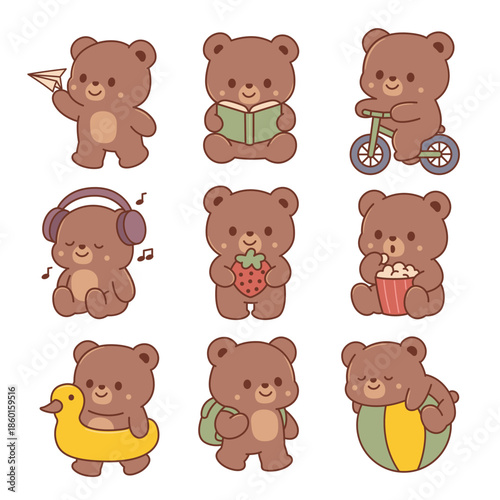 Cute teddy bear with doing various daily activities. Outline doodle illustration set