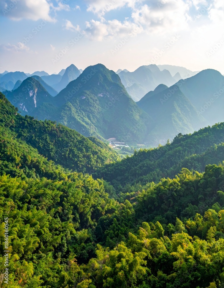 Naklejka premium Lush Green Mountains and Bamboo Forest Under Blue Sky