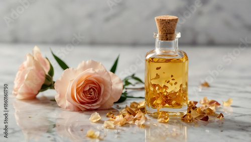Luxury Gold Leaf Face Oil in Glass Bottle with Pink Roses on White Marble, Premium Skincare Serum and Floral Aesthetic Background