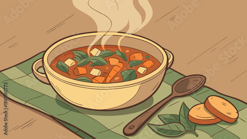 Steaming bowl of vegetable soup on a green plaid cloth with a wooden spoon and sliced bread on a brown table.