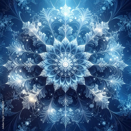 Intricate Ice Snowflake Mandala Abstract Blue Background