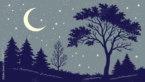 Enchanting Night Landscape with Crescent Moon, Twinkling Stars, and Forest Tree Silhouettes Against a Serene Evening Sky