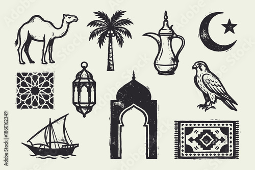 Vintage Arabian and Islamic Icons Set. Hand-Drawn Middle Eastern Culture Symbols.