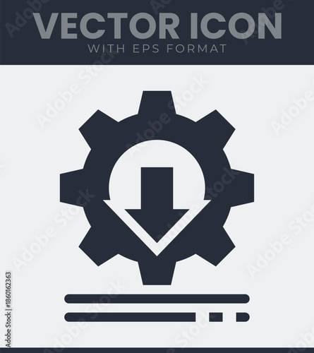 Industrial gear icon with downward arrow symbol representing software update installation download process technical system maintenance. Solid vector symbol illustration