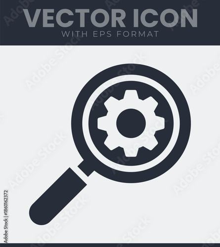 Magnifying glass with gear icon for technical search optimization settings configuration and analysis of digital data. Solid vector symbol illustration
