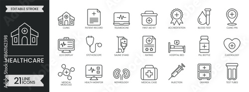 Healthcare outline icon set. Hospital related line icons collection. Doctor, medical, medicine, cardiology, treatment, injection, clinic, pill. Editable stroke symbols pack. Vector illustration
