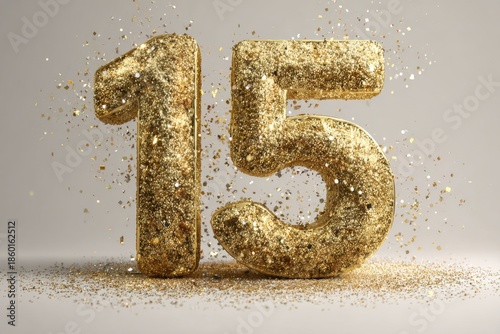 Golden Glitter Number 15 Surrounded by Sparkling Confetti and Dust