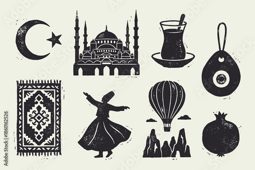 Vintage Turkish Culture Icons Set: Travel Symbols, Mosque, Dervish, and Cappadocia Silhouettes