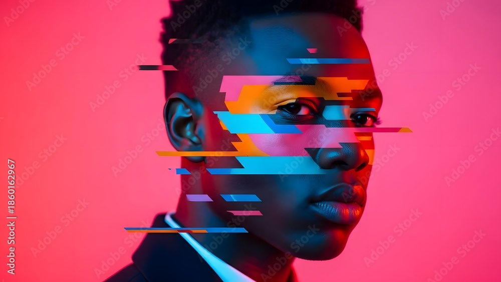 Obraz premium Glitchy portrait of a young man with distorted facial features on a pink background
