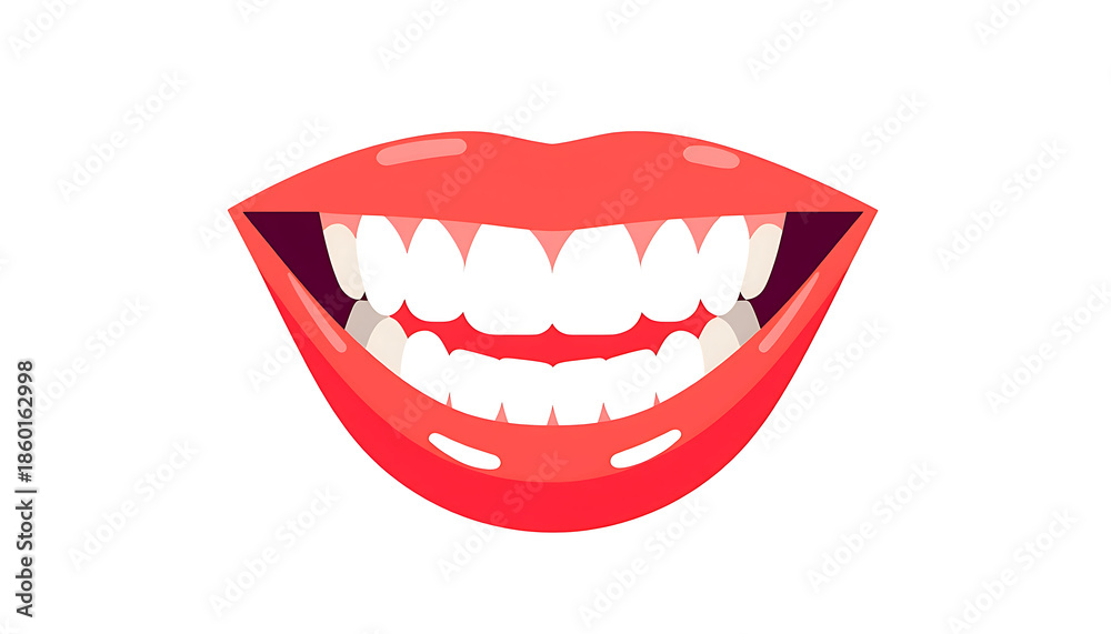Naklejka premium A cartoon illustration of a smiling mouth with white teeth and red lips