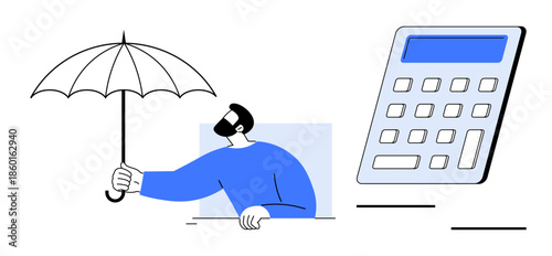Financial security, budget planning, insurance, personal finance, risk management, savings. Man holding umbrella with calculator nearby. Financial security and budget planning concept