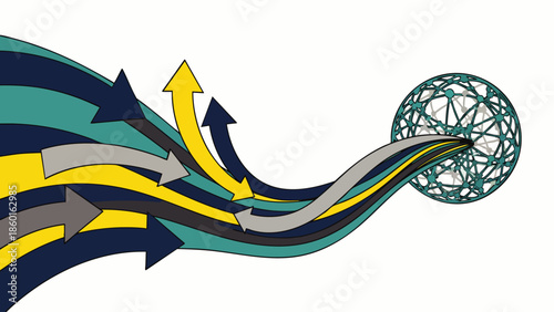 Dynamic arrows converging into a wireframe globe, symbolizing global data flow, information transfer, digital connectivity, and network communication concept.