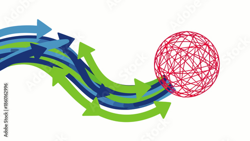 Global network connection concept with multiple converging arrows impacting a wireframe sphere, symbolizing data flow, communication, technology, and strategic business progress.