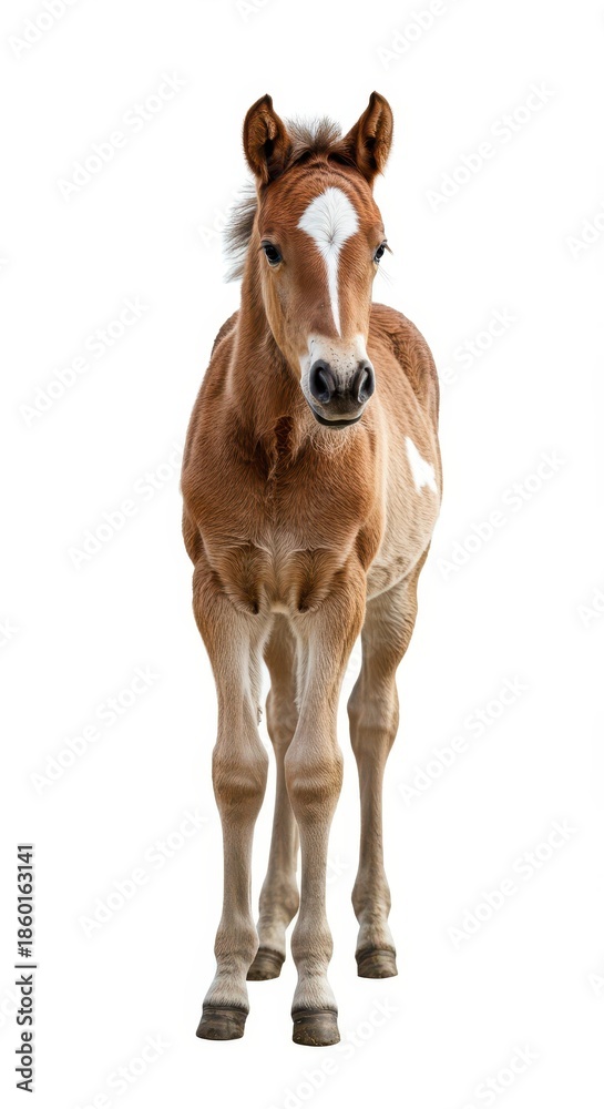 Obraz premium Adorable young baby horse, a small brown and white foal, standing confidently against a seamless, bright white studio background, isolated perfectly, gentle, mare, white