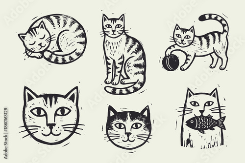 Six Cute Graphic Cats Linocut Style Vector Illustration Set