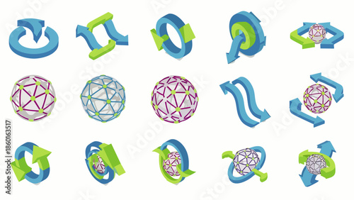 Set of 3D Arrows and Geometric Shapes, Representing Cycles, Connection, and Technology