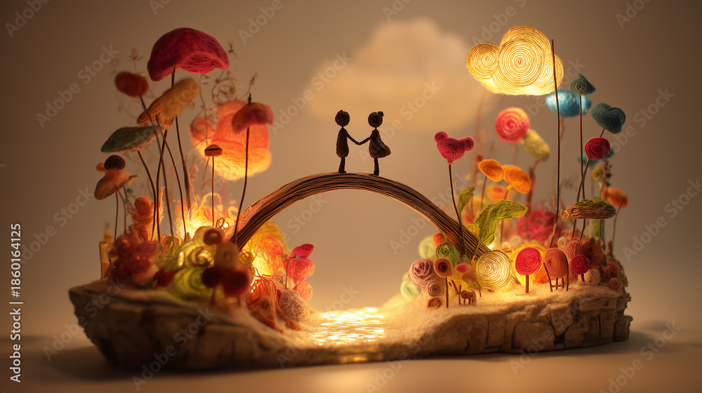 Obraz premium Two abstract silhouettes made of light walk along the path together, leaving behind warm glowing footprints