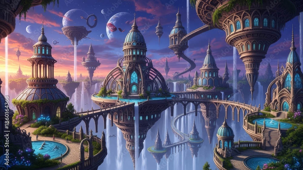 Fototapeta premium Fantasy Landscape with Floating Islands and Celestial Atmosphere
