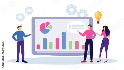 Business team analyzing data on large screen display with graphs