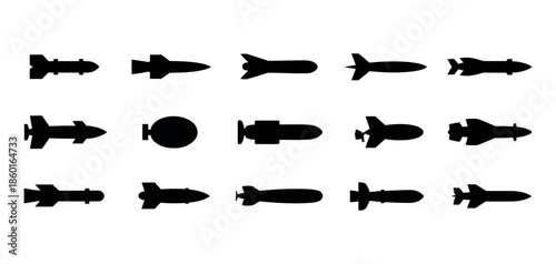 Military Missile and Rocket Icons Vector – Filled Style Weapon Symbols
