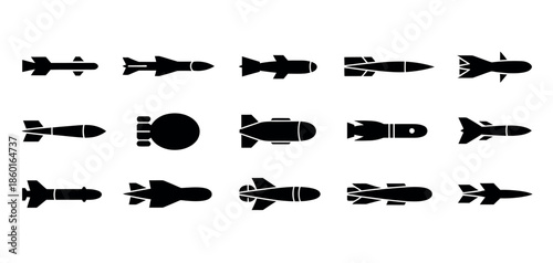 Filled Style Military Missile and Rocket Icon Collection: Warhead and Weapon Symbols for Defense and Technology Concepts