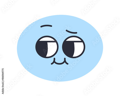 Sarcastic emoji, critical face expression. Character with side eye, looking aside with sarcasm, eyebrow raised, irony smile, skeptical emotion. Flat vector illustration isolated on white background