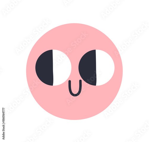 Curious emoji face looking aside, interested emotion, happy joyful expression. Cute round character with comic smile, eyes sideways, curiosity. Flat vector illustration isolated on white background