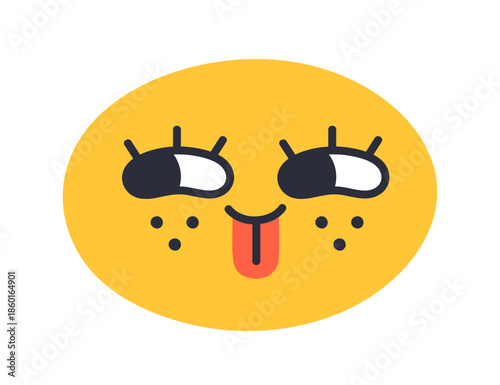 Funny emoji face with cute comic happy expression, joyful emotion. Round sunn...