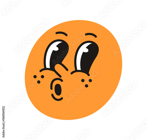 Surprised emoji face. Cute comic round character with freckles, eyes looking aside in astonishment emotion, expression. Funny amazed sun. Flat vector illustration isolated on white background