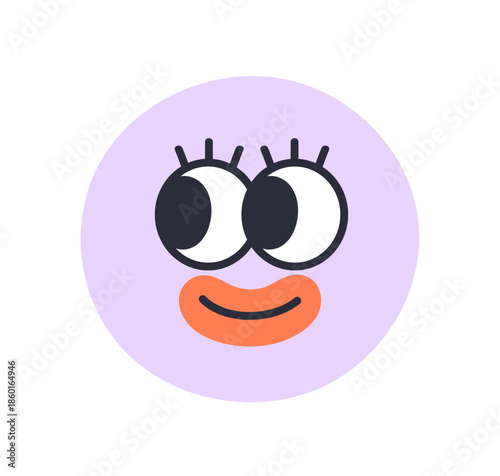 Funny comic emoji with happy face expression, makeup. Cute round character with wide eyes looking aside. Curious joyful smile, emotion. Flat vector illustration isolated on white background