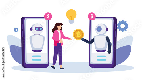 Woman exchanging cryptocurrency with robots on smartphones