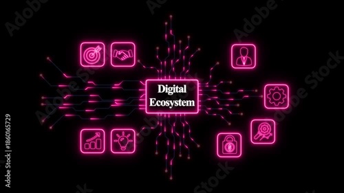 Neon Digital Ecosystem Network With Icons On Black Background– Futuristic Digital Technology and Network Concept