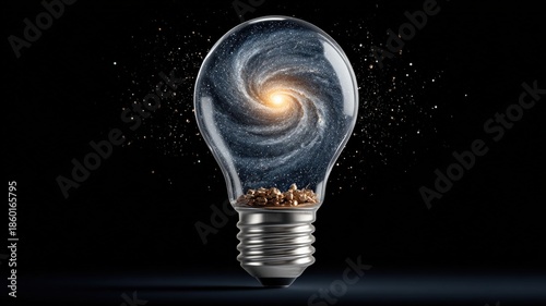 A lightbulb containing a swirling galaxy, representing a universe of ideas, ultra realistic.